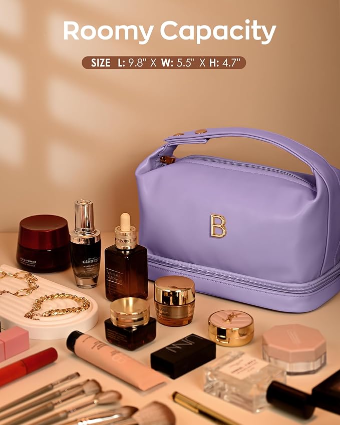Personalized Makeup Bag with Handle, Initial Double Layer Cosmetic Bag with - Image 6