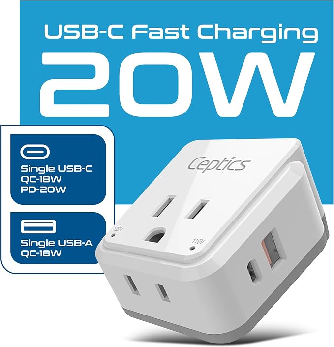 Ceptics International Power Plug Adapter Travel Set, 20W PD & QC, Safe Dual USB - Image 2