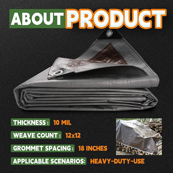 RAINDEWAY Tarps Heavy Duty Waterproof 15x15 Feet, 10Mil Multipurpose Poly Tarp - Image 6