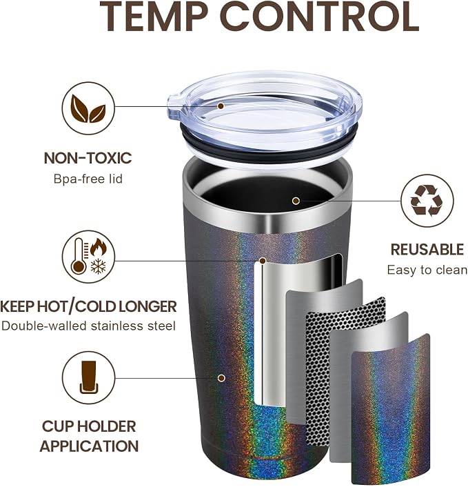 MEWAY 20oz Tumbler Double Wall Vacuum Insulated Travel Glitter Mug, Stainless - Image 2